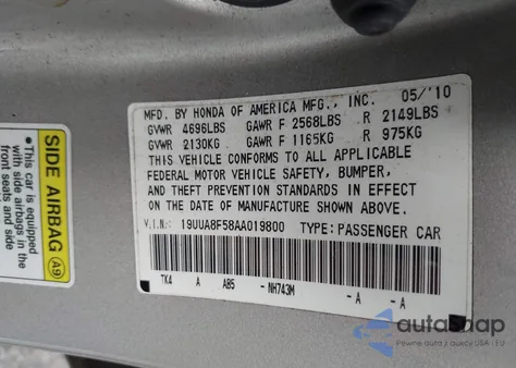 2010 Acura Tl 3.5 из США, поврежденный, VIN 19UUA8F58AA019800